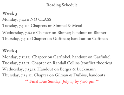 Reading Schedule 
Week 3
Monday, 7.4.11: NO CLASS
Tuesday, 7.5.11:  Chapters on Simmel & Mead
Wednesday, 7.6.11: Chapter on Blumer; handout on Blumer
Thursday, 7.7.11: Chapter on Goffman; handout on Coffman

Week 4
Monday, 7.11.11:  Chapter on Garfinkel; handout on Garfinkel
Tuesday, 7.12.11: Chapter on Randall Collins (conflict theories)
Wednesday, 7.13.11: Handout on Berger & Luckmann
Thursday, 7.14.11: Chapter on Gilman & DuBios; handouts
** Final Due Sunday, July 17 by 5:00 pm **
Final summer 2011.doc