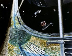 A painting by Don Davis depicting the construction of a portion of an imagined Stanford Torus