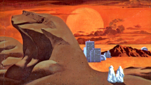 An excerpt from the Vincent Di Fate’s 1970s paperback cover art for Frank Herbert’s novel Dune featuring two figures in pale robes walking towards a background small industrial arcology undreath a desert sunset.