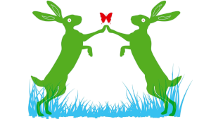 Excerpt of the paperback cover art to the 2013 Hachette edition of Margaret Atwood’s Oryx & Crake depicting two bright green rabbits dancing on blue grass and both batting at a red butterfly.