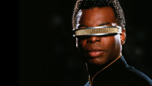 Portrait of Lavar Burton as the Star Trek: The Next Generation character Geordi La Forge as excerpted from an alamy stock photograph.