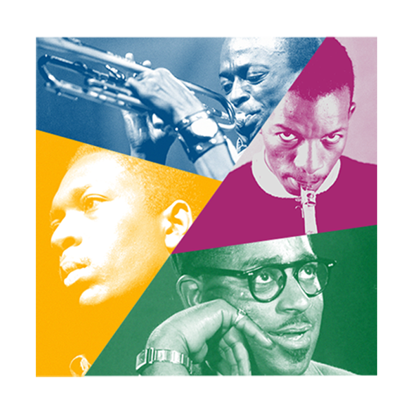 A photo collage of four great jazz legends